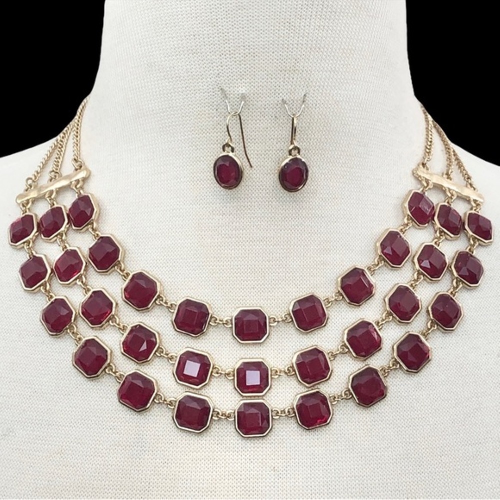3 Row Layered Cranberry Red Necklace Earrings Set